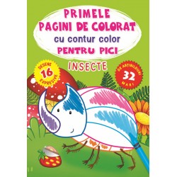 Primele pagini de colorat cu contur color si 32 de abtibilduri pentru pici - Insecte
