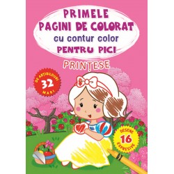 Primele pagini de colorat cu contur color si 32 de abtibilduri pentru pici - Printese