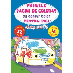 Primele pagini de colorat cu contur color si 32 de abtibilduri pentru pici - Masinute