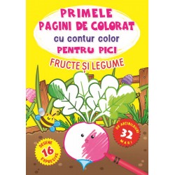 Primele pagini de colorat cu contur color si 32 de abtibilduri pentru pici – Fructe si legume